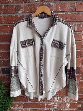 Miss Me Cream and Brown Plaid Button Up Shirt
